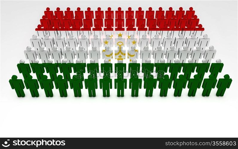 Parade of 3d people forming a top view of Tajikistan flag. With copyspace.