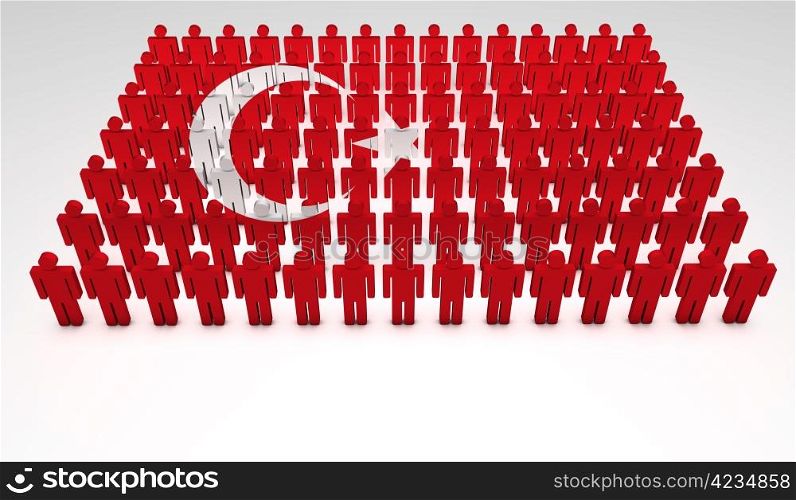 Parade of 3d people forming a top view of Turkish flag. With copyspace.