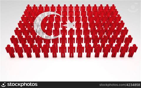 Parade of 3d people forming a top view of Turkish flag. With copyspace.
