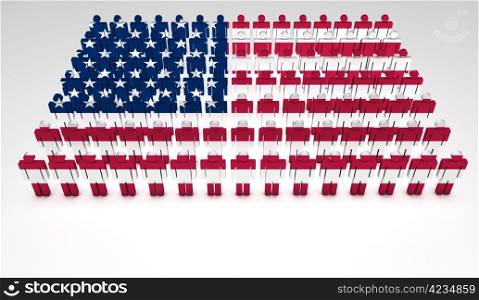 Parade of 3d people forming a top view of United States of America flag. With copyspace.