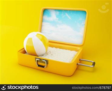 Paradise beach in travel suitcase on yellow background. Summer Vacation Concept. 3d illustration.