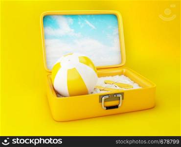 Paradise beach in travel suitcase on yellow background. Summer Vacation Concept. 3d illustration.