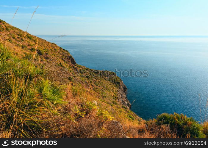 Paradise sunrise sea landscape from coastline trail of Zingaro Nature Reserve Park, between San Vito lo Capo and Scopello, Trapani province, Sicily, Italy