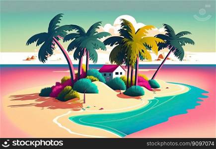 Paradise vacation on tropical island. Cartoon of an island. Generative AI