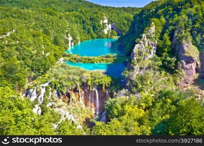 Paradise waterfalls of Plitvice lakes national park, panoramic view, Croatia