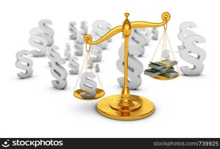 Paragraph sign and dollars banknotes on golden scales. 3d render