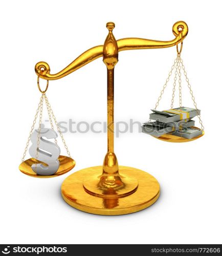 Paragraph sign and dollars banknotes on golden scales. 3d render