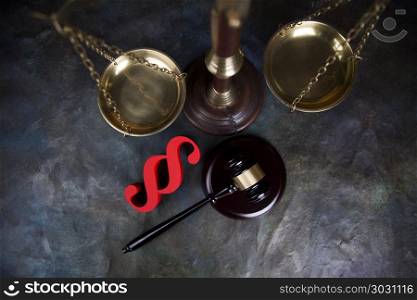 Paragraph sign, Wooden gavel barrister, legal system and justice. Paragraph, law theme, mallet of judge, wooden gavel