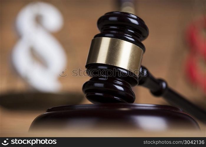 Paragraph sign, Wooden gavel barrister, legal system and justice. Paragraph, law theme, mallet of judge, wooden gavel