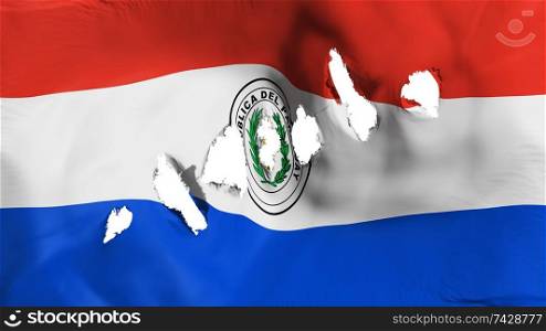 Paraguay flag perforated, bullet holes, white background, 3d rendering. Paraguay flag perforated, bullet holes