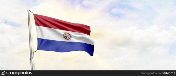 Paraguay flag waving on sky background. 3D Rendering