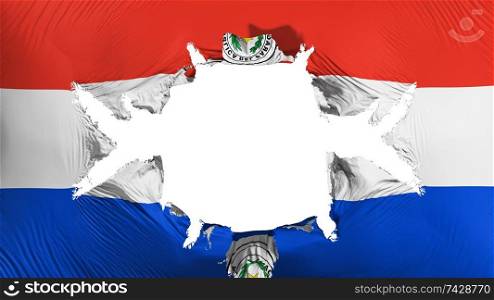 Paraguay flag with a big hole, white background, 3d rendering. Paraguay flag with a big hole