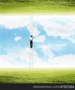 Parallel realities. Rear view of businessman climbing ladder between two realities