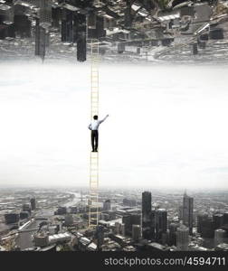 Parallel worlds. Businessman standing on ladder between two realities