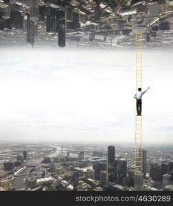 Parallel worlds. Businessman standing on ladder between two realities