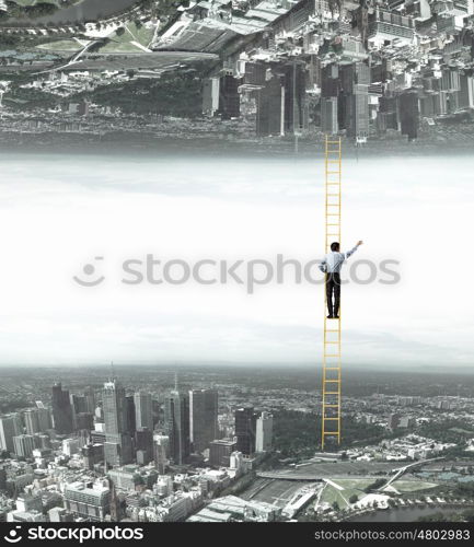 Parallel worlds. Businessman standing on ladder between two realities