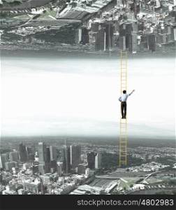 Parallel worlds. Businessman standing on ladder between two realities
