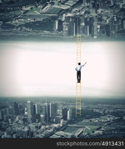 Parallel worlds. Businessman standing on ladder between two realities