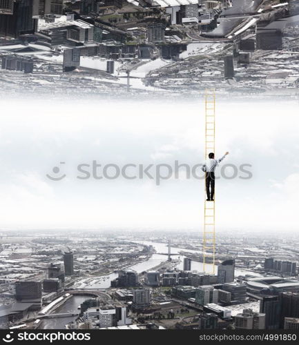 Parallel worlds. Businessman standing on ladder between two realities