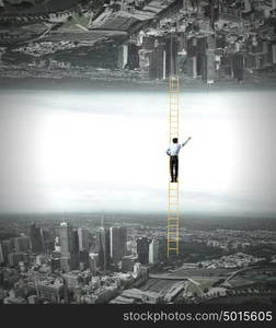 Parallel worlds. Businessman standing on ladder between two realities