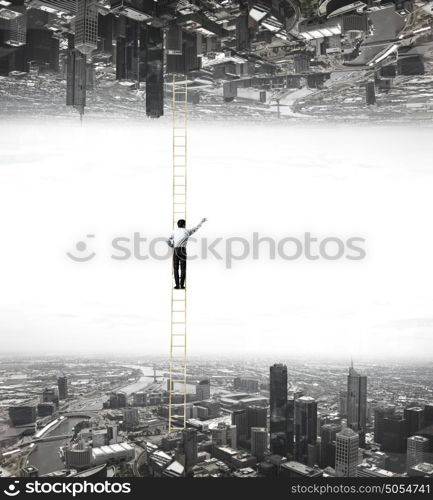 Parallel worlds. Businessman standing on ladder between two realities