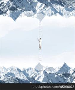Parallel worlds. Businesswoman standing on ladder between two realities