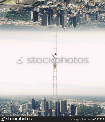 Parallel worlds. Businesswoman standing on ladder between two realities