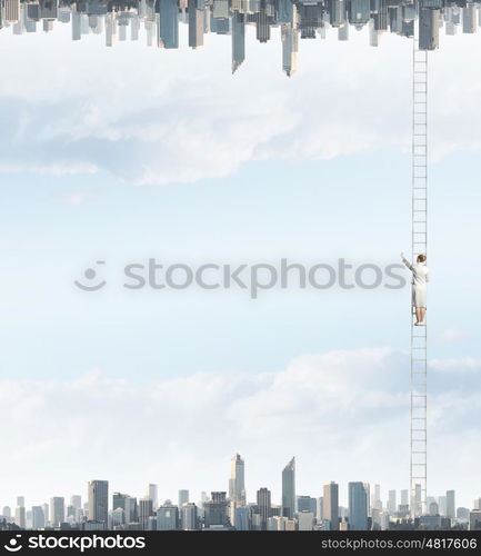 Parallel worlds. Businesswoman standing on ladder between two realities