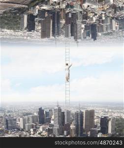 Parallel worlds. Businesswoman standing on ladder between two realities