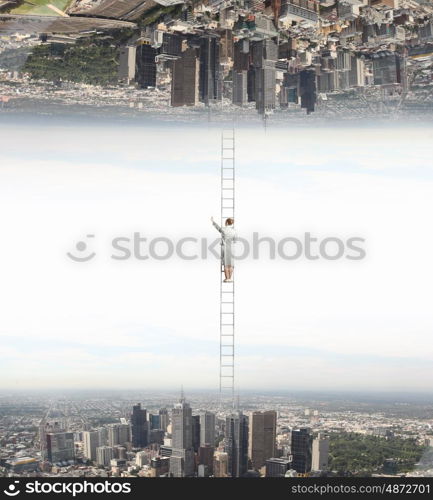 Parallel worlds. Businesswoman standing on ladder between two realities