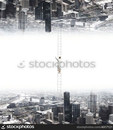 Parallel worlds. Businesswoman standing on ladder between two realities