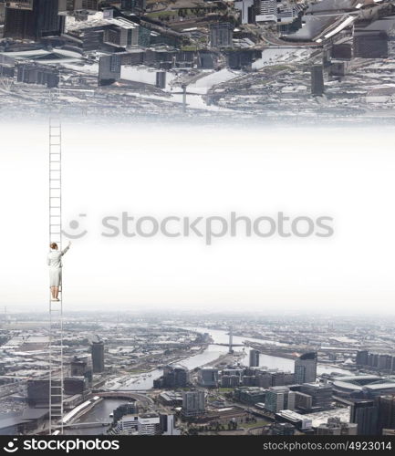 Parallel worlds. Businesswoman standing on ladder between two realities