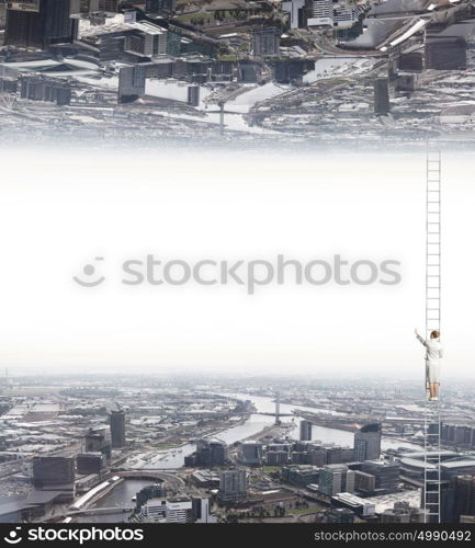 Parallel worlds. Businesswoman standing on ladder between two realities