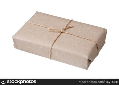 parcel wrapped with brown kraft paper isolated on white background