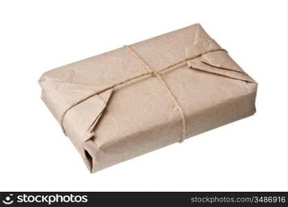 parcel wrapped with brown kraft paper isolated on white background