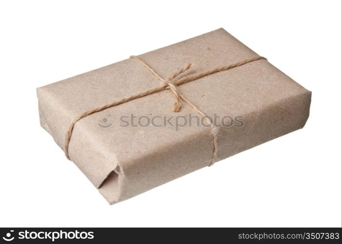 parcel wrapped with brown kraft paper isolated on white background