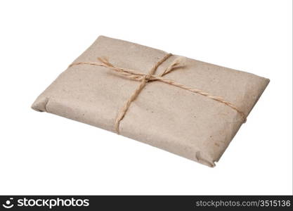 parcel wrapped with brown kraft paper isolated on white background