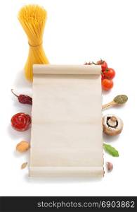 parchment scroll and food ingredient isolated on white background