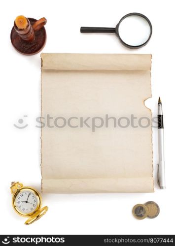 parchment scroll and supplies isolated on white background