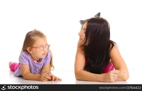 Parenthood and children upbringing. Mother and daughter little girl having relationship difficulties looking sad isolated on white background
