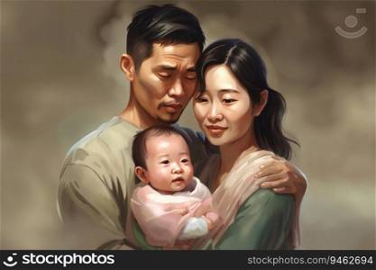 Parenthood, Father and mother and holding baby, Asian, Painting, created with Generative AI technology