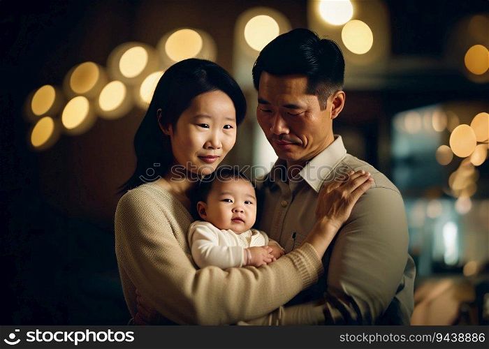 Parenthood, Father and mother and holding baby, Asian, Picture, created with Generative AI technology