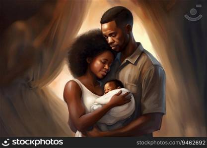 Parenthood, Father and mother and holding baby, Black African, Picture, created with Generative AI technology