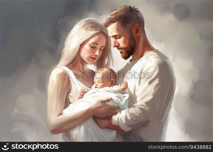 Parenthood, Father and mother and holding baby, White European, Painting, created with Generative AI technology