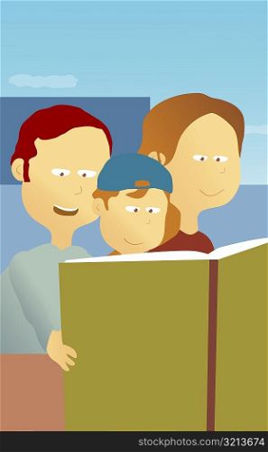 Parents and their son reading a book