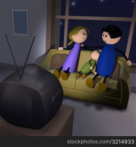 Parents and their son sitting in front of a television