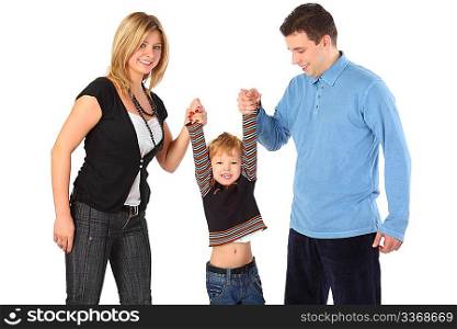 Parents hold son for hands