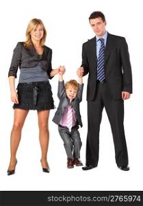 Parents hold son for hands, full body, business family