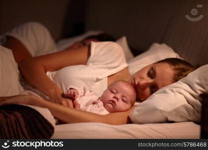 Parents Sleeping In Bed With Newborn Baby