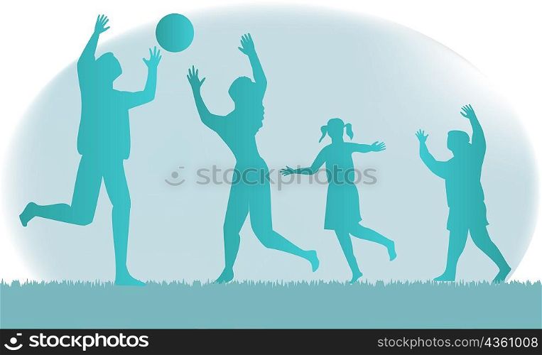 Parents with their son and daughter playing volleyball